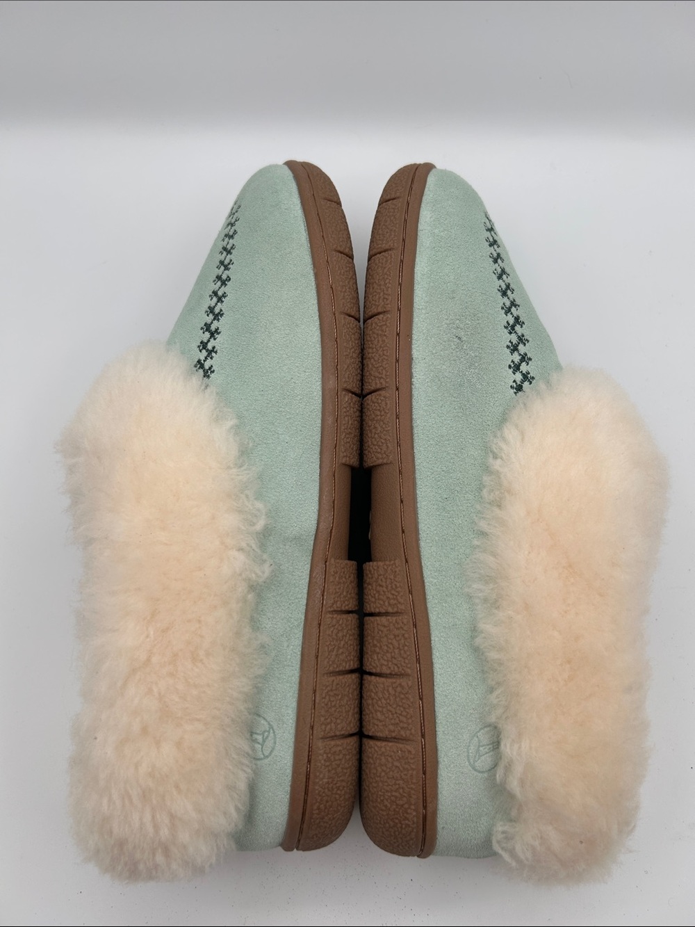Lands End Mint Green Suede Embroidery Details Moccasin Slip On Shearling Lining - Picture 13 of 14